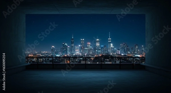 Obraz A breathtaking night view of a glowing city skyline, seen from a minimalist rooftop terrace, highlighting the vibrant energy of the metropolis.
