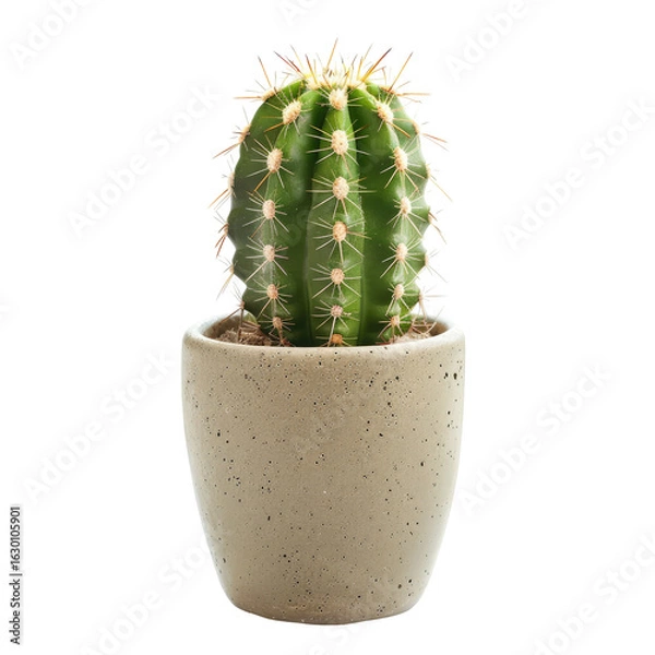Fototapeta Small, vibrant cactus in a light gray speckled pot