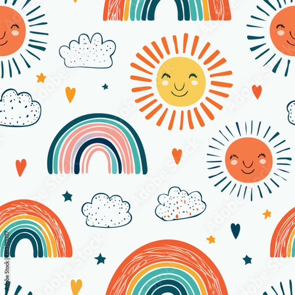 Obraz Childish Doodle Seamless Pattern
Colorful seamless pattern of doodle drawings like suns, rainbows, and funny faces for kids.