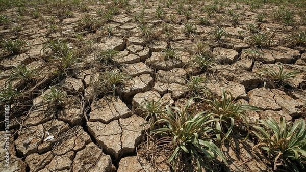 Obraz Cracked earth with sparse vegetation showing signs of drought and arid conditions in a dry landscape