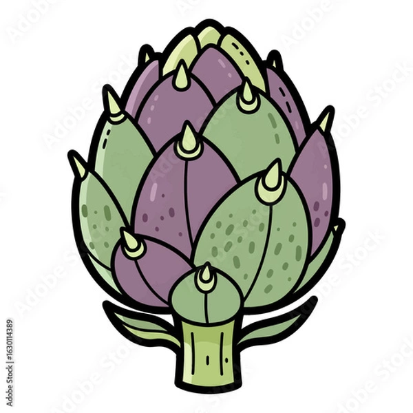 Obraz Vibrant purple and green artichoke illustration in a simple cartoon style. Fresh healthy vegetable drawing isolated on a white background.