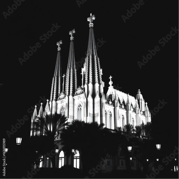 Fototapeta La Sagrada Familia bathed in dawn light in Barcelona at midnight with glowing lanterns