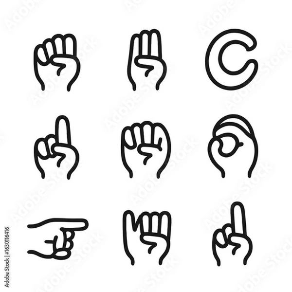 Fototapeta Sign Language Icon Set. Outline icon set of sign language gestures: alphabet A, B, C, D, E, F, G, H, I. Line icons in only black