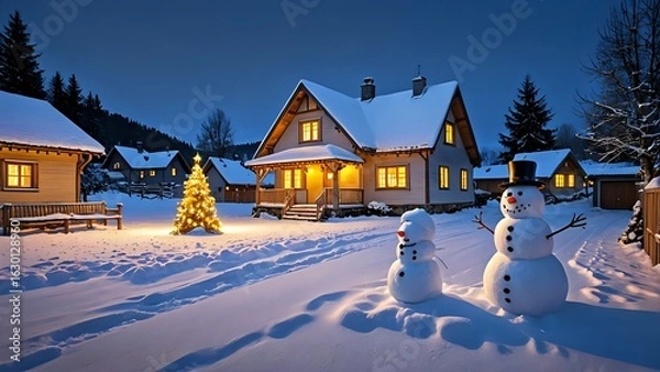 Obraz winter landscape with house and snowman