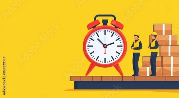 Fototapeta Time Management in Warehouse with Workers and Alarm Clock Visuals