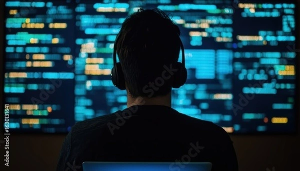Fototapeta Man Using Headphones While Coding on Computer in Dark Environment