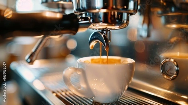 Obraz Espresso shot being pulled, close-up of crema and machine, celebrating coffee culture, International Coffee Day 2025