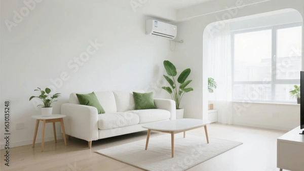 Fototapeta Modern minimalist living room with white sofa, green plants, and large windows