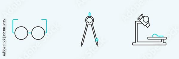 Fototapeta Set line Microscope, Glasses and Drawing compass icon. Vector