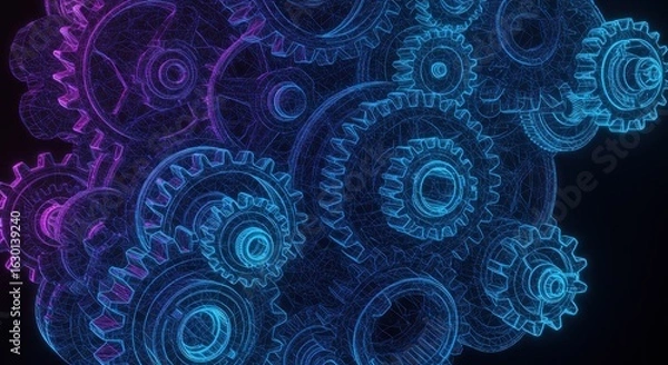 Fototapeta Intricate network of interlocking gears, rendered with vibrant blue and purple neon lighting, showcasing mechanical complexity.
