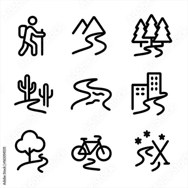 Fototapeta Trail Icon Set. Outline icon set of trail types: hiking path, mountain trail, forest trail, desert path, riverbank trail, city