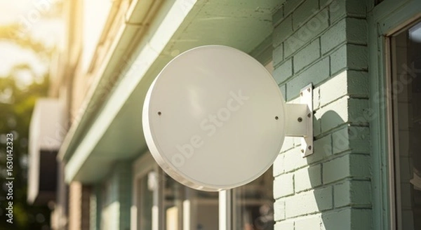 Fototapeta Blank white circular storefront sign mounted on a light teal brick building facade.