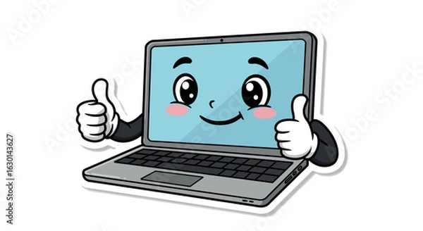 Obraz Cheerful kawaii laptop cartoon character giving thumbs up gesture