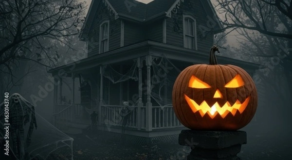 Fototapeta A carved pumpkin sits in front of a spooky, old house on a foggy Halloween night.