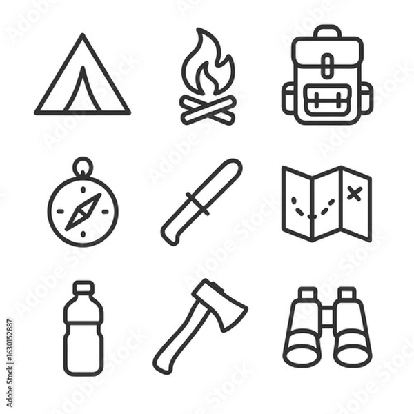 Obraz Wilderness Survival Icons. Outline icon set of wilderness survival: tent, campfire, backpack, compass, knife, map, water bottle,