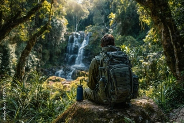 Obraz Young man with a backpack resting on a rock, admiring a beautiful waterfall in the lush green forest.