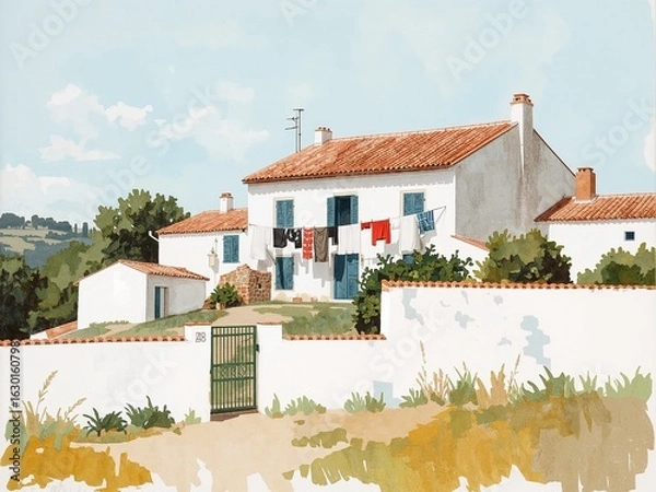 Obraz Portuguese farmhouse with drying laundry in sunny gouache painting on plain white background