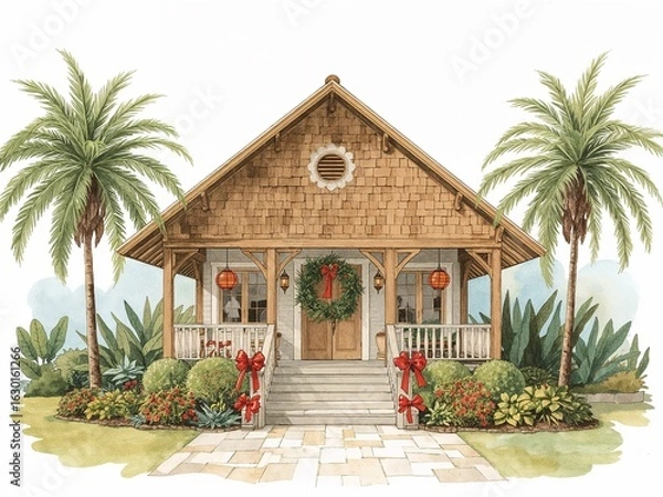 Obraz Philippine bahay na bato with parol lanterns for Christmas in watercolor painting on plain white background