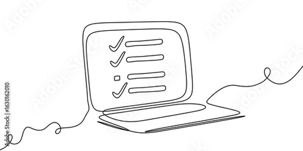 Fototapeta Line continuous laptop screen computer office work art pc outline illustration. Continuous laptop line doodle notebook single desktop typing business icon monitor digital email technology data.
