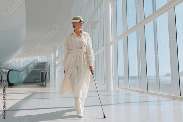 Obraz Blind elderly woman with cane using assistive tech for wayfinding in modern airport