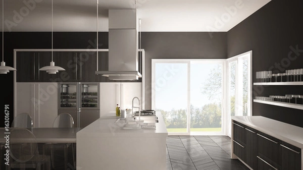 Fototapeta Minimalistic modern kitchen with table, chairs and parquet floor, white and gray interior design