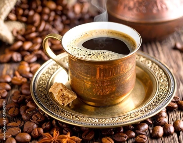 Fototapeta Hot coffee, rustic style