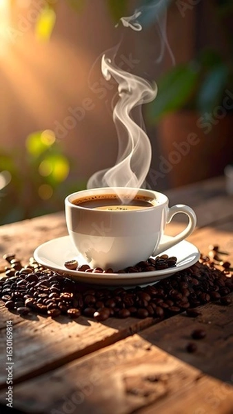 Fototapeta Hot coffee steaming, sunlit