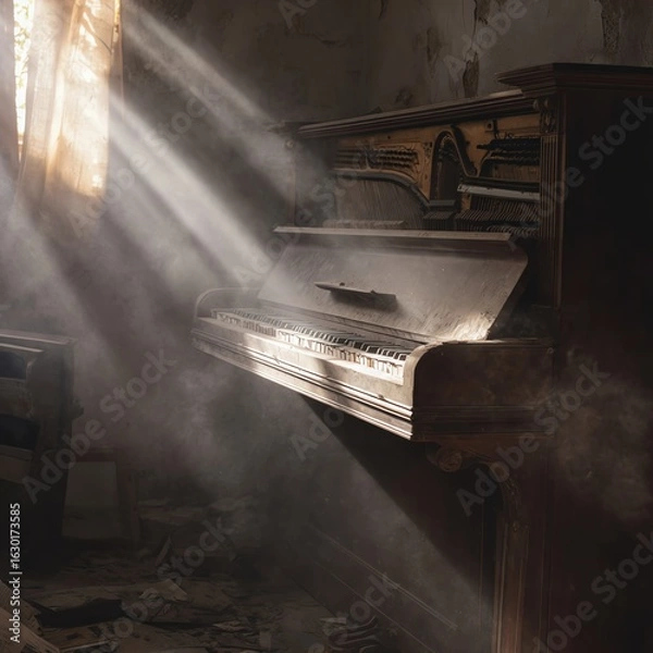 Obraz Sunlight beams through a window, illuminating an abandoned, dusty upright piano in a decaying room filled with scattered papers and debris.