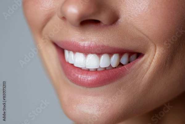 Obraz Radiant Smile: A close-up of a radiant smile, showcasing flawless white teeth and naturally plump lips, embodying beauty and self-care.