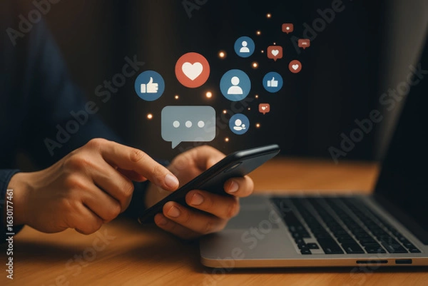Fototapeta Person interacting with social media app on smartphone, surrounded by colorful engagement icons representing likes, comments, and followers