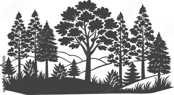 Obraz Vector illustration of trees and forest silhouette. Nature scene silhouette. Forest landscape vector illustration. Outdoor and hiking concept	