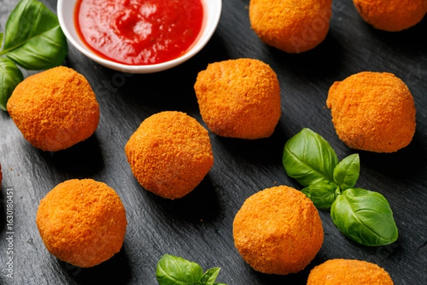 Fototapeta Arancini Rice Balls. Crispy, deep fried rice balls stuffed with mozzarella cheese