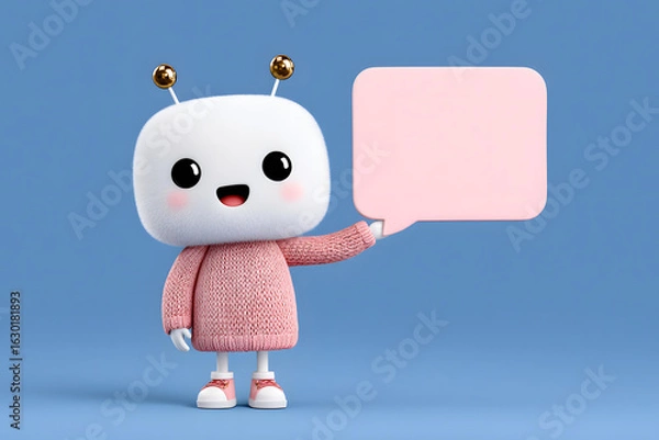 Fototapeta Chatbot with Message Bubble: A cute, friendly chatbot character holds up a blank speech bubble, perfect for conveying messages or ideas. It's rendered in a cartoon style.