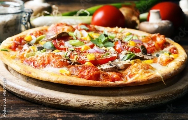 Obraz Vegetarische Pizza mit Gemüse und Kräutern 