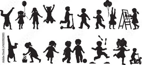 Obraz Children silhouettes playing and having fun on white background, child, silhouette, children, kid, kids, play, playing, fun, happy, joy, childhood, active, activity, outdoor, outdoors, jumping, runnin