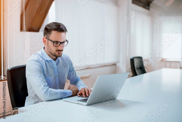 Fototapeta Portrait of successful businessman working on computer in office