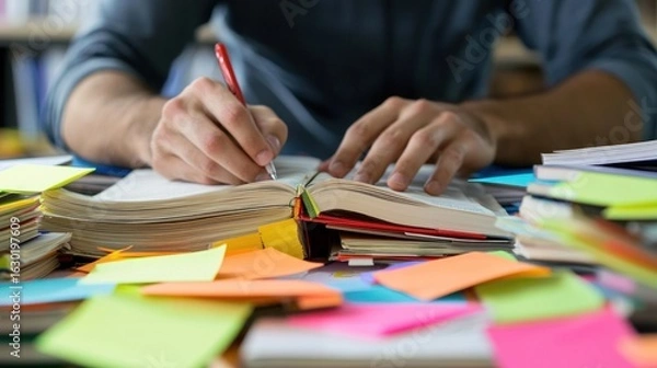 Fototapeta A researcher compiling a bibliography with printed sources and sticky notes
