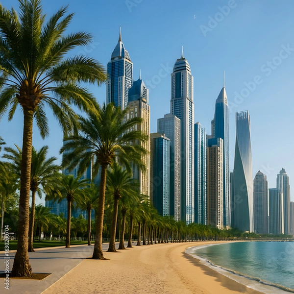 Fototapeta Sunny day on a tropical city beach with a promenade of palm trees and a stunning backdrop of futuristic glass skyscrapers.