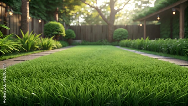Obraz A vibrant green lawn with stone pathway and lush greenery in a serene backyard setting outdoors