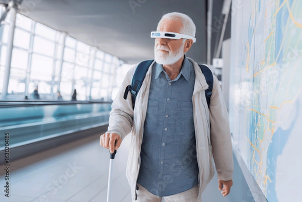 Obraz Blind senior man navigating airport with smart glasses and white cane