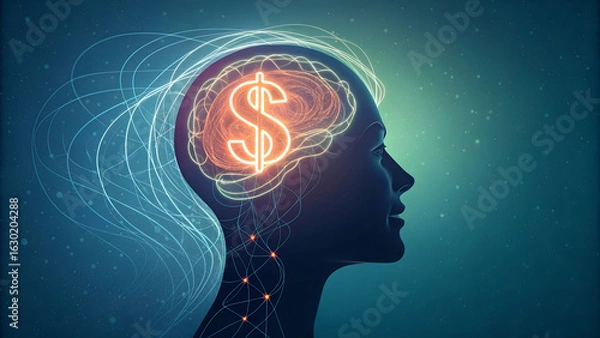 Obraz Silhouette of a head with a brain containing a glowing dollar sign and neural connections