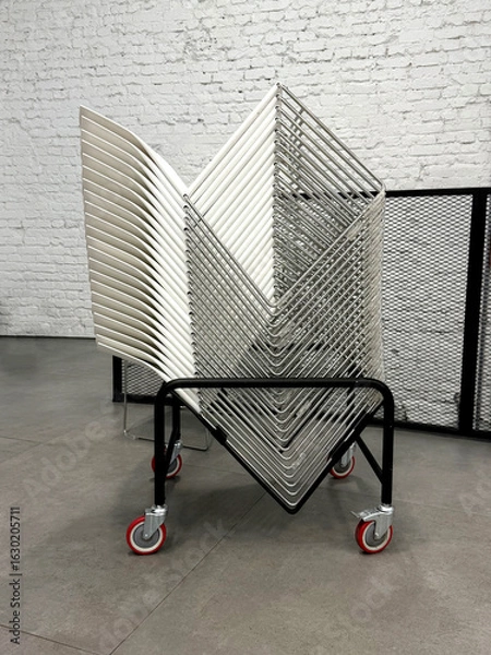 Fototapeta Stacked chairs on a transport cart. Modern public space organization concept. Handheld mobile photo, selective focus, non AI