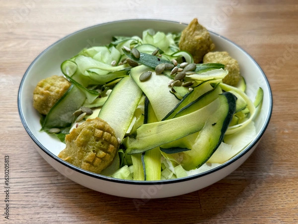 Fototapeta Green salad with falafel, zucchini, cucumbers, and pumpkin seeds. Vegetarian cuisine concept. Handheld mobile photo, selective focus, non AI