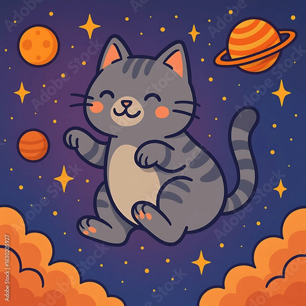 Obraz Cute cartoon space cat floating among planets, stars, and clouds in night sky vector