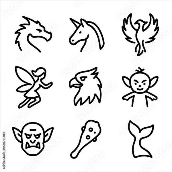 Fototapeta Magical Creature Icons. Outline icon set of magical creatures: dragon silhouette, unicorn outline, phoenix rising, fairy with