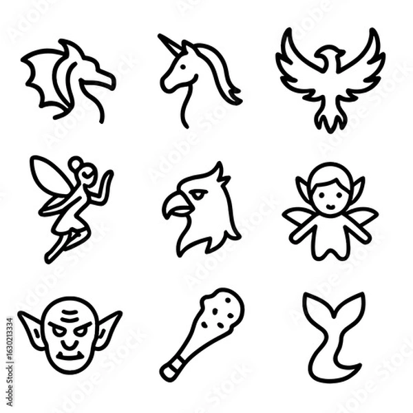 Fototapeta Magical Creature Icons. Outline icon set of magical creatures: dragon silhouette, unicorn outline, phoenix rising, fairy with