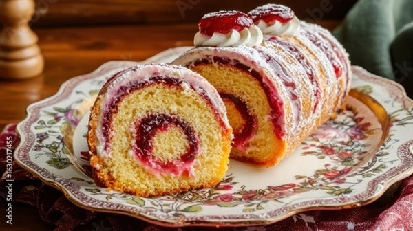 Fototapeta A colorful jellyroll cake sliced to reveal its swirling layers of jam and cream on a decorative plate
