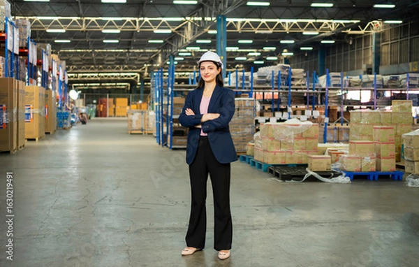 Fototapeta A confident female supervisor in a suit and hard hat inspects stocked shelves in a large warehouse.