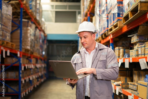Fototapeta Warehouse Manager in inventory data on a laptop amid stacked pallets.