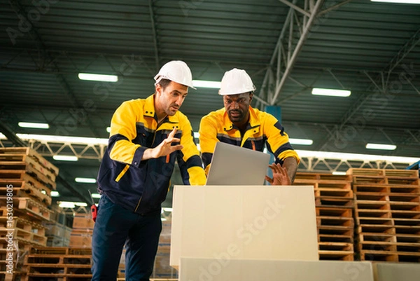 Fototapeta Two Warehouse Workers in hard hats review inventory data on a laptop amid stacked pallets and shelving in a modern distribution center.
